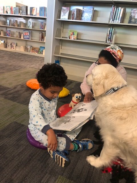 Boy reading to dog at Shaker Library